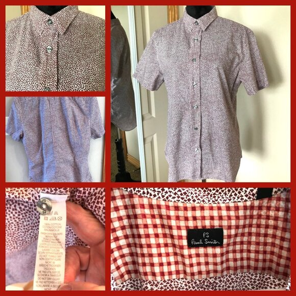 Paul Smith Vintage Shirt: Tiny Print Short Sleeve Button-Down, Magenta Cream L - Picture 10 of 10